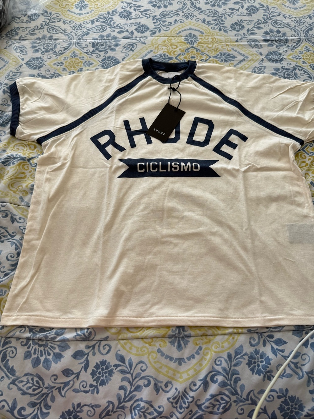 Rhude White Short Sleeve 'RHODE CICLISMO' Tee with Navy Trim